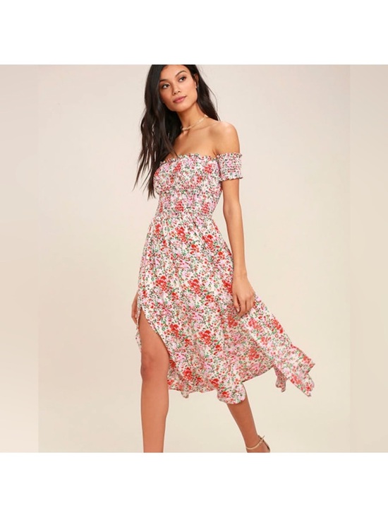 Lulus Dresses & Skirts - Lulu's Pink Floral Strapless Smocked Midi Dress